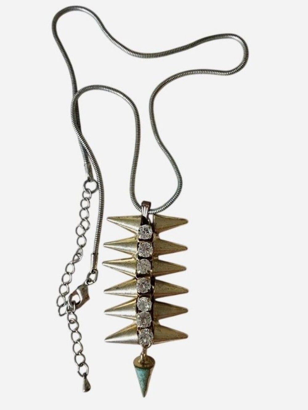 Gold Spike & Crystals Pendant Necklace with Clear Crystal Row